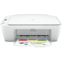 HP DeskJet 2710 printer, front view, paper tray open.