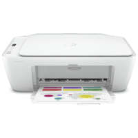 HP DeskJet 2724 printer, front view, paper tray open.