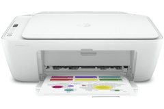 HP DeskJet 2724e printer, front view, paper tray open.