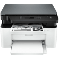HP LaserJet MFP 135wr printer, front view, paper tray open.
