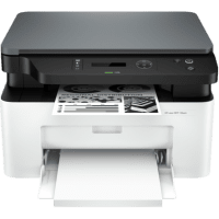HP LaserJet MFP 136wm printer, front view, paper tray open.