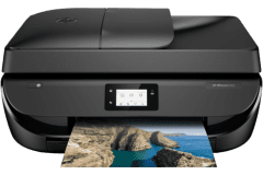 HP OfficeJet 5222 printer, front view, paper tray open.