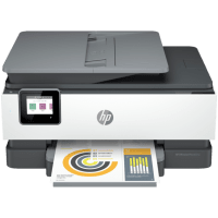 HP OfficeJet Pro 8025e printer, front view, paper tray open.