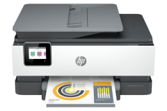 HP OfficeJet Pro 8025e printer, front view, paper tray open.