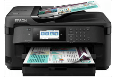 Epson WF-7710DWF printer, front view, paper tray open.