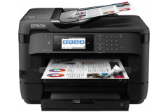 Epson WorkForce WF-7720DTWF printer, front view, paper tray open.