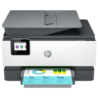HP OfficeJet Pro 9010e printer, front view, paper tray open.