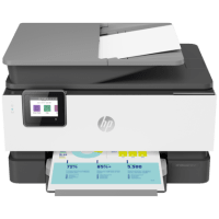 HP OfficeJet Pro 9012e printer, front view, paper tray open.