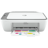 HP DeskJet 2755e printer, front view, paper tray open.