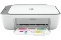 HP DeskJet 2755e printer, front view, paper tray open.