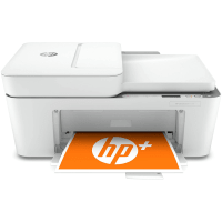 HP DeskJet 4155e printer, front view, paper tray open.
