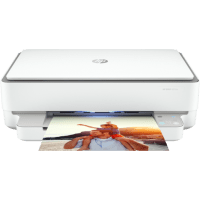 HP Envy 6055e printer, front view, paper tray open.