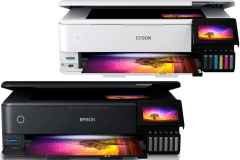Epson EcoTank ET-8550 printer, front view, paper tray open.