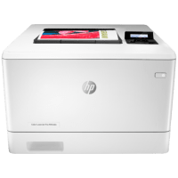 HP Color LaserJet Pro M454dn printer, front view, paper tray open.