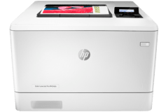 HP Color LaserJet Pro M454dn printer, front view, paper tray open.