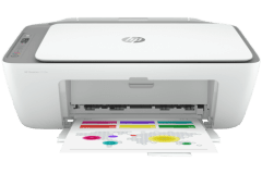 HP DeskJet 2720e printer, front view, paper tray open.