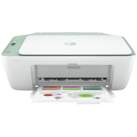 HP DeskJet 2722e printer, front view, paper tray open.