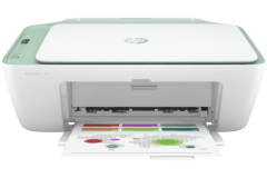 HP DeskJet 2722e printer, front view, paper tray open.