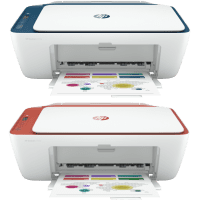 HP DeskJet 2723e printer, front view, paper tray open.