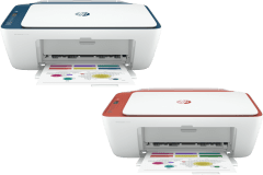 HP DeskJet 2723e printer, front view, paper tray open.