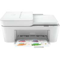 HP DeskJet 4120e printer, front view, paper tray open.