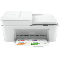 HP DeskJet 4121e printer, front view, paper tray open.