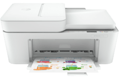 HP DeskJet 4121e printer, front view, paper tray open.