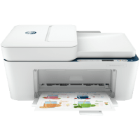 HP DeskJet 4123e printer, front view, paper tray open.
