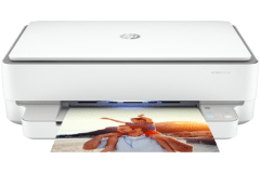 HP ENVY 6030e printer, front view, paper tray open.