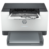 HP Laserjet M209dwe printer, front view, paper tray open.