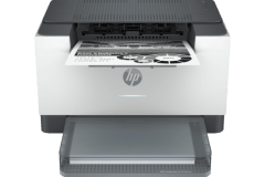 HP Laserjet M209dwe printer, front view, paper tray open.