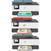 HP OfficeJet Pro 8035e printer, front view, paper tray open.