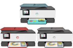 HP OfficeJet Pro 8035e printer, front view, paper tray open.