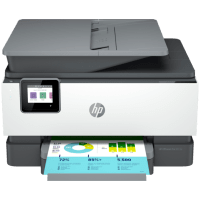 HP OfficeJet Pro 9015e printer, front view, paper tray open.