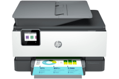 HP OfficeJet Pro 9015e printer, front view, paper tray open.