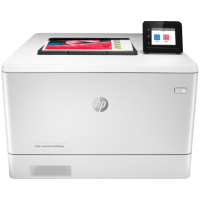 HP Color LaserJet Pro M454dw printer, front view, paper tray open.