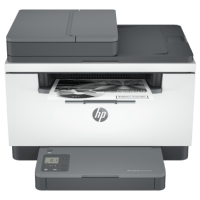 HP LaserJet M234sdne printer, front view, paper tray open.