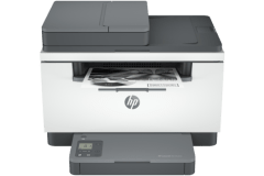 HP LaserJet M234sdn printer, front view, paper tray open.
