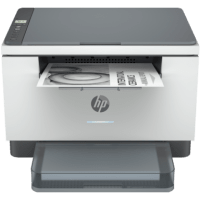 HP LaserJet MFP M233dw printer, front view, paper tray open.
