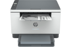 HP LaserJet MFP M233dw printer, front view, paper tray open.