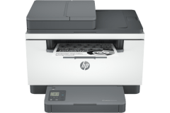 HP LaserJet MFP M233sdw printer, front view, paper tray open.