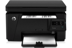 HP LaserJet Pro MFP M126a printer, front view, paper tray open.