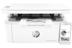 HP LaserJet Pro MFP M30w printer, front view, paper tray open.