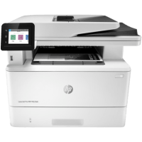 HP Laserjet Pro MFP M329dn printer, front view, paper tray open.
