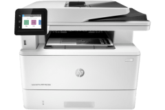 HP Laserjet Pro MFP M329dn printer, front view, paper tray open.