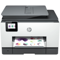 HP OfficeJet Pro 9025e printer, front view, paper tray open.