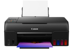 Canon PIXMA G620 printer, front view, paper tray open.