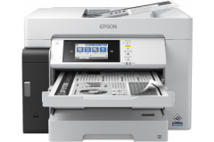Epson EcoTank ET-M16680 printer, front view, paper tray open.