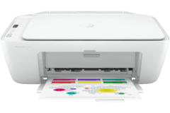 HP DeskJet 2752e printer, front view, paper tray open.