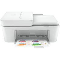 HP DeskJet 4110e printer, front view, paper tray open.